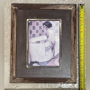Framed Vintage Style Bathing Girl Art Print in Distressed Brown Frame